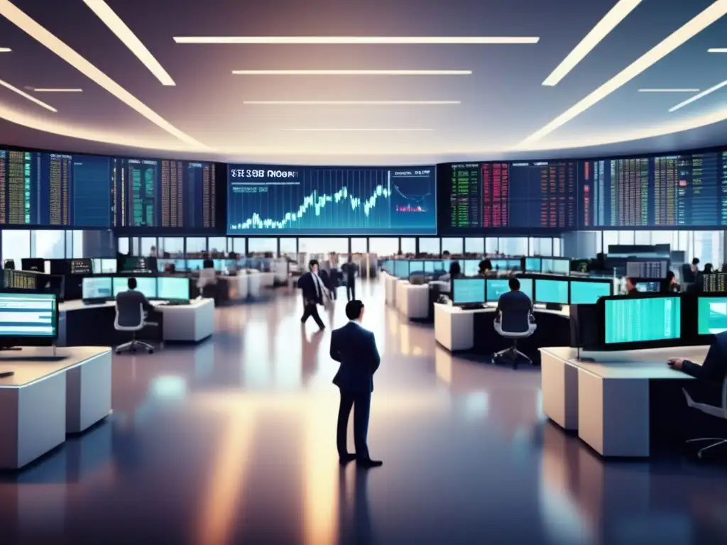 Traders en piso de bolsa moderno y dinámico Bolsa: desmitiendo riesgos y diversificación