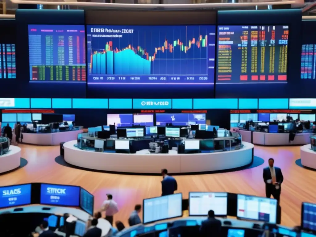 Piso de bolsa lleno de actividad Bolsa de valores: Escena dinámica de una bolsa de valores con corredores y pantallas mostrando datos en tiempo real