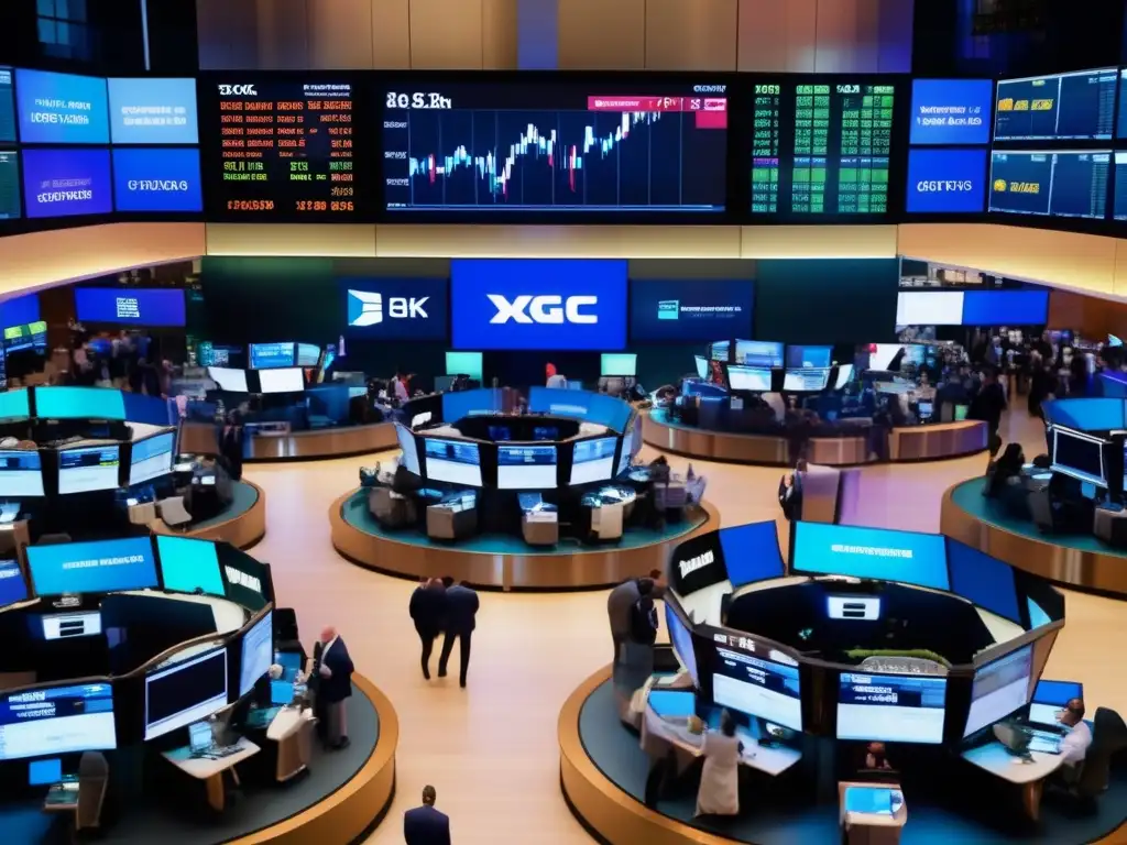 Piso de bolsa: Traders y tecnología Bolsa de valores: Escena vibrante de un mercado financiero con traders animados, gráficos y tecnología moderna