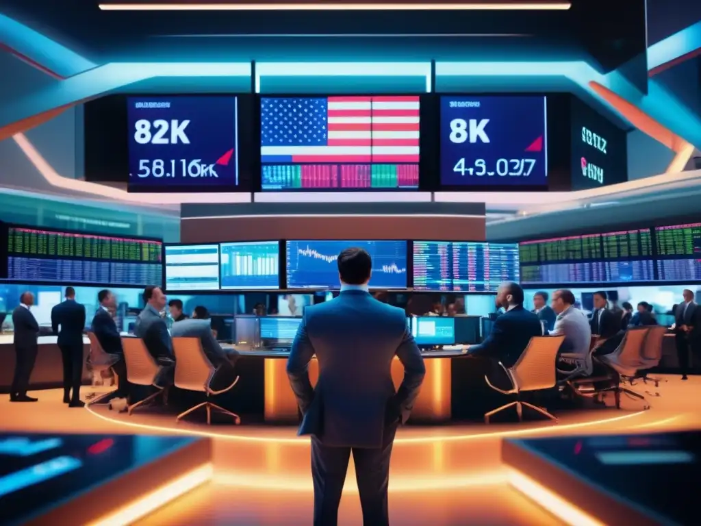 Trading floor vibrante y dinámico Bolsa de valores: Imagen ultradetallada 8k de un bullicioso piso de intercambio de acciones, con traders y pantallas mostrando datos en tiempo real