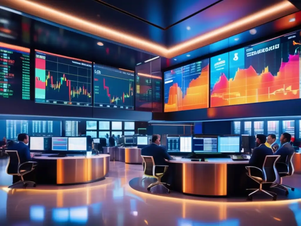 Piso de operaciones de bolsa vibrante Bolsa de valores llena de comerciantes, gráficos y traders analizando el impacto de la política monetaria en mercados futuros y opciones
