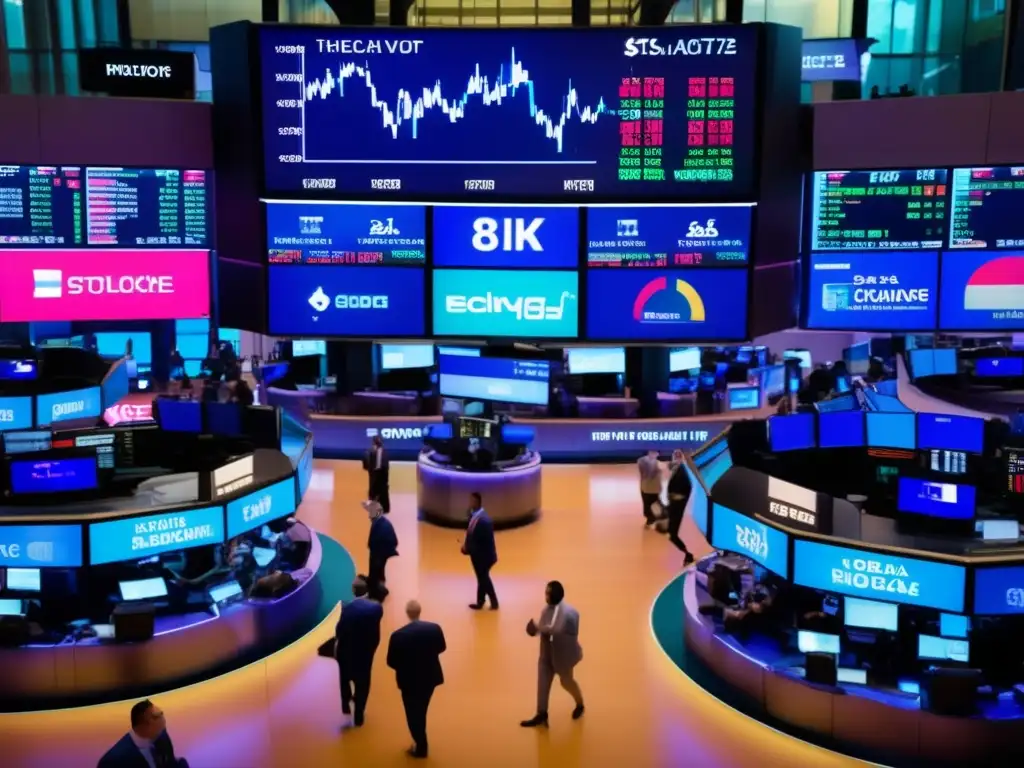 Intenso mercado bursátil, traders y pantallas Bolsa valores: Traders ajustan estrategias según tasas interés FED y economías emergentes
