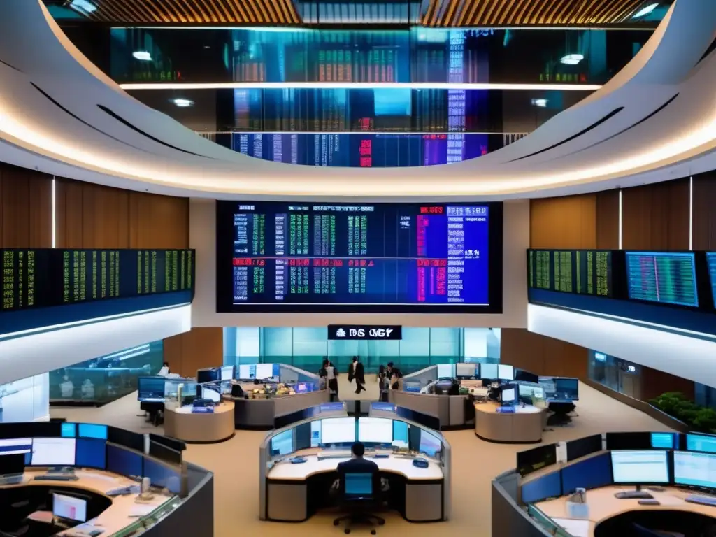 Bolsa de valores asiática: energía y dinamismo Bolsas asiáticas emergentes: imagen 8k detallada de una bulliciosa bolsa de valores asiática, como la de Hong Kong o Tokio