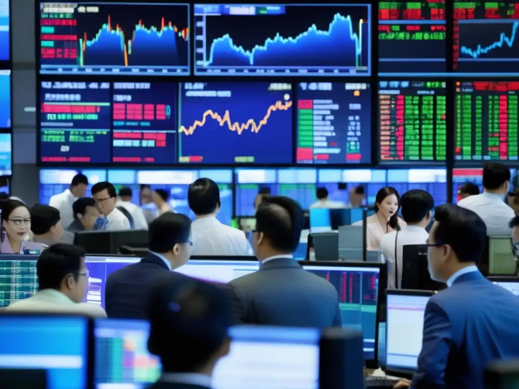 Stock exchange asiático: Traders analizando datos en vivo Bolsas asiáticas emergentes: traders, gráficos, discusiones y emoción en la bolsa de valores