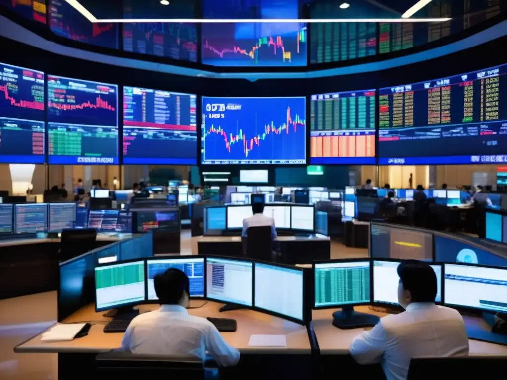 Mercado de valores en Asia emergente: trading moderno y dinámico Bolsas asiáticas emergentes: trading floor moderno, traders analizando datos de mercado y tomando decisiones de inversión