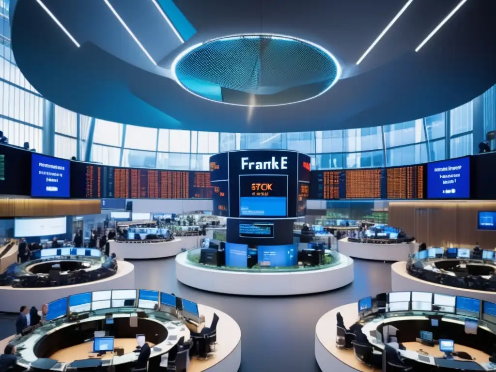 Piso de operaciones de la Bolsa de Frankfurt Bolsas de valores influyentes en el mundo - Frankfurt Stock Exchange: arquitectura futurista, traders en acción, precios en tiempo real