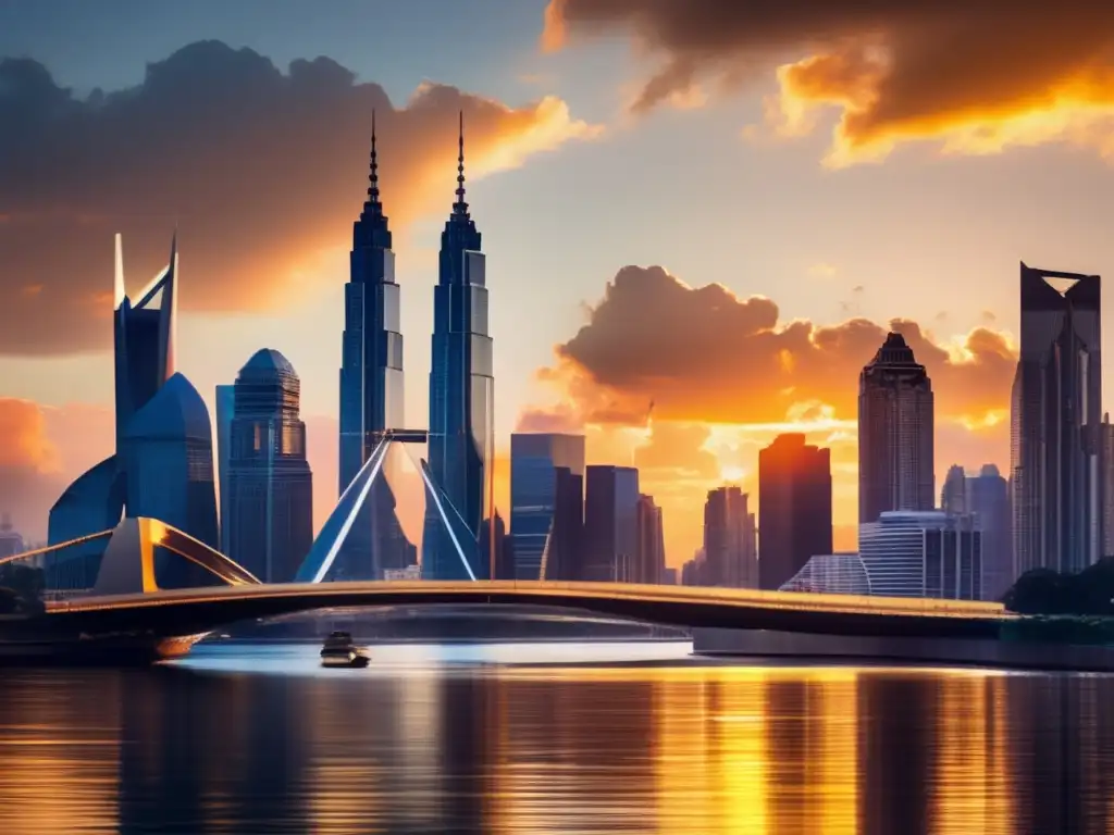 Ciudad moderna y sofisticada al atardecer Bonos convertibles: Ciudad moderna al atardecer, rascacielos reflejando la luz dorada del sol