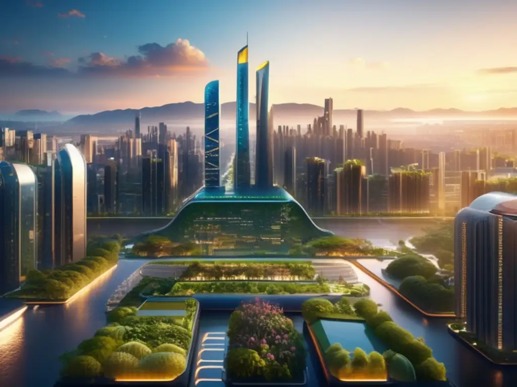Ciudad inteligente y sostenible Bonos verdes para ciudades inteligentes: imagen 8k de una ciudad futurista, con tecnología inteligente, naturaleza exuberante y prácticas sostenibles