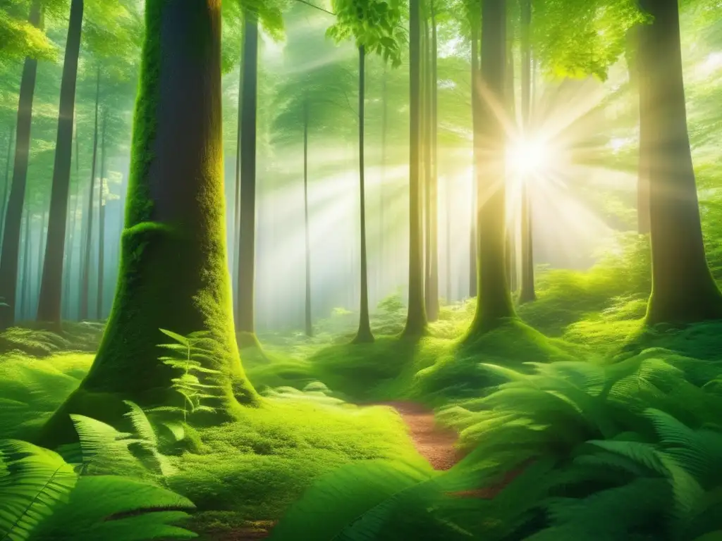 Bosque verde vibrante con luz y sombra Bonos verdes genuinos: imagen 8k de bosque verde vibrante con árboles altos y vegetación exuberante
