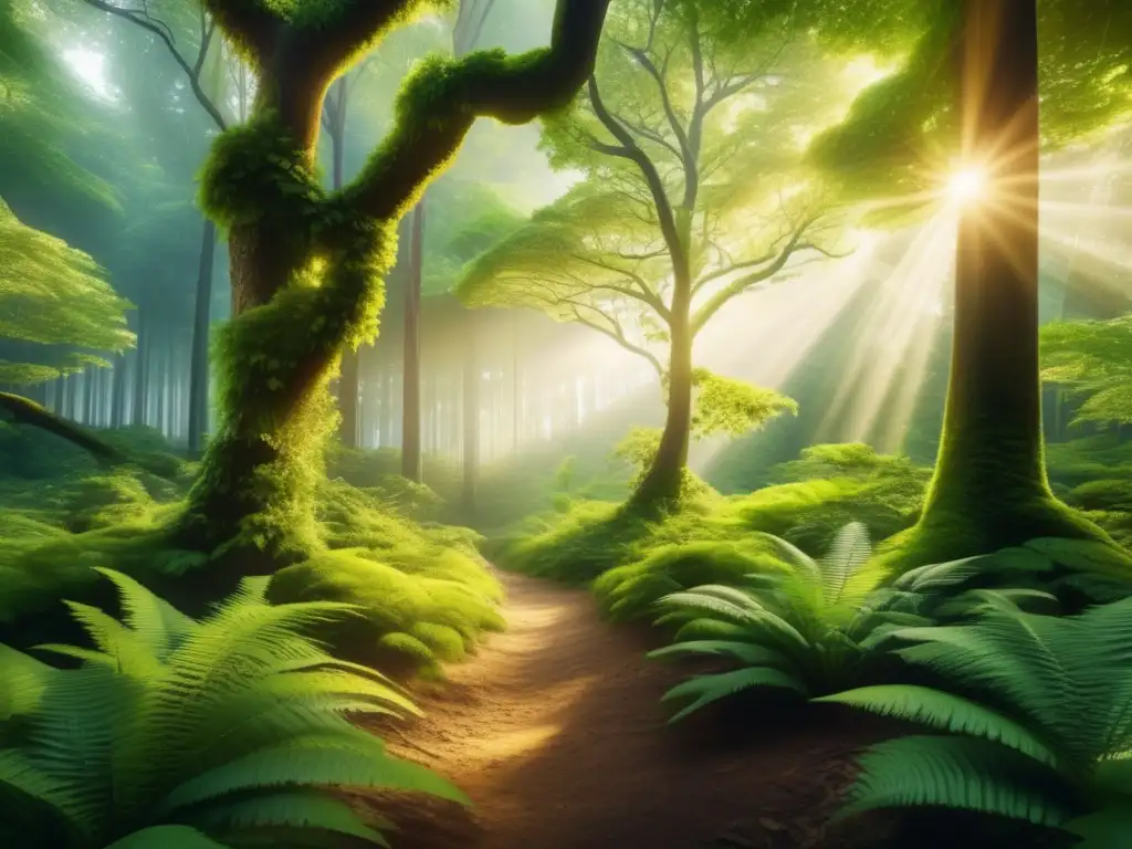 Panorama bosque verde: belleza natural Bonos verdes: Vista panorámica de un bosque verde exuberante, iluminado por el sol dorado