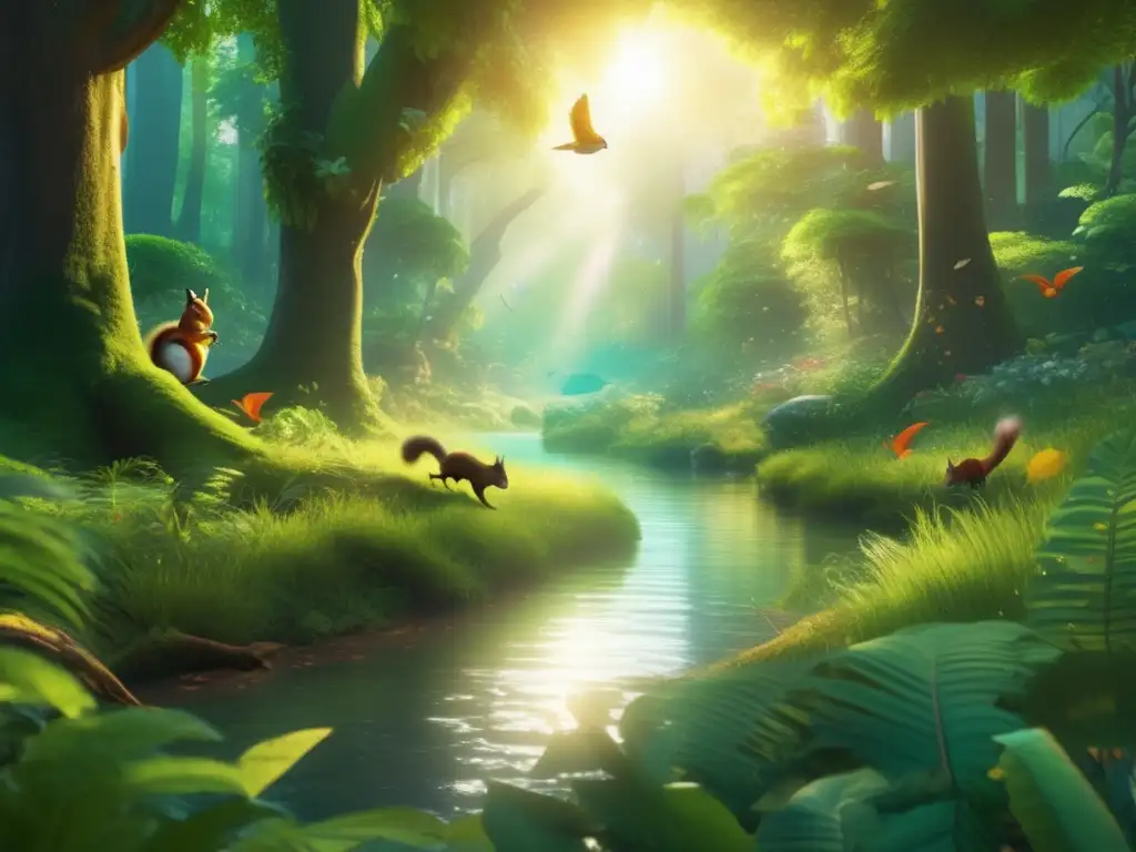 Bosque exuberante con vida silvestre diversa Un bosque exuberante en 8k muestra naturaleza y vida, resaltando la inversión sostenible