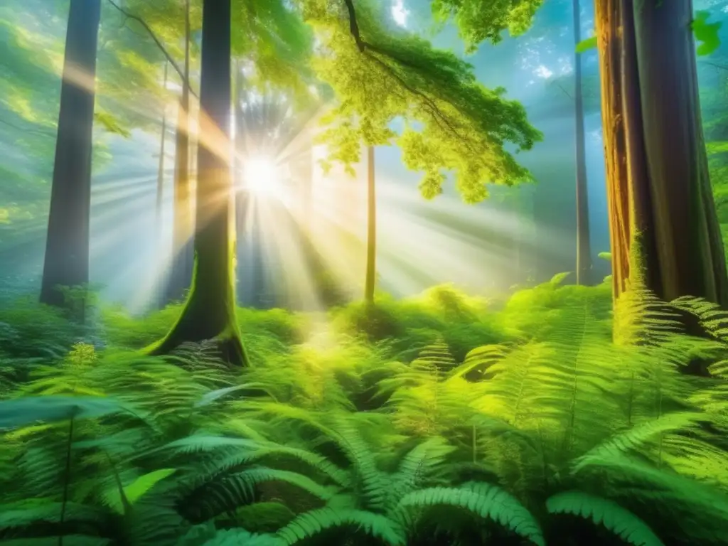 Bosque verde y mágico, símbolo de inversión sostenible Bosque exuberante con rayos de sol dorados, árboles antiguos y río cristalino