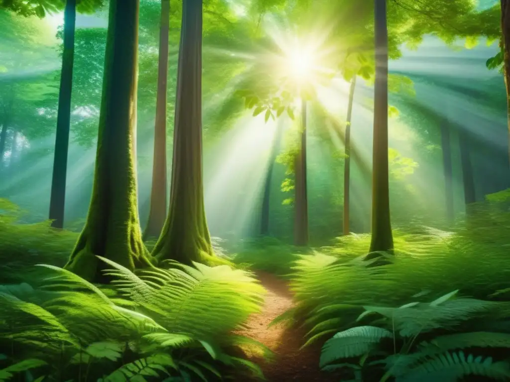 Bosque verde exuberante: belleza y serenidad Bosque verde con árboles altos y luz solar filtrándose, resalta importancia de bonos verdes
