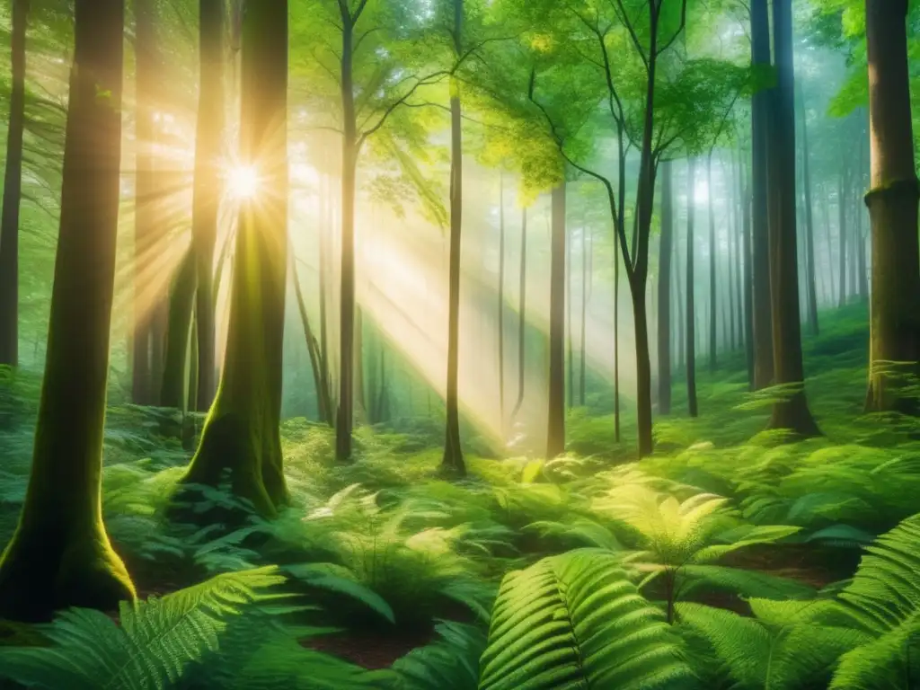 Bosque verde exuberante bañado en luz dorada Bosque verde y detallado, con rayos de sol dorados