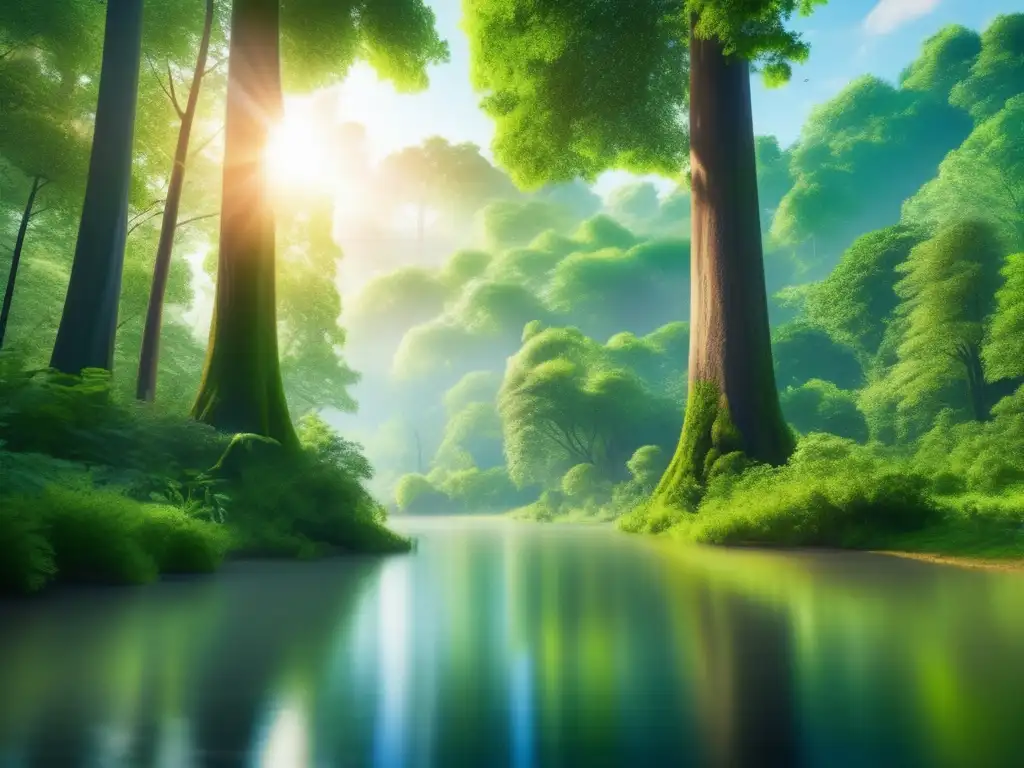 Bosque verde exuberante con vida silvestre Bosque verde exuberante con animales y río cristalino