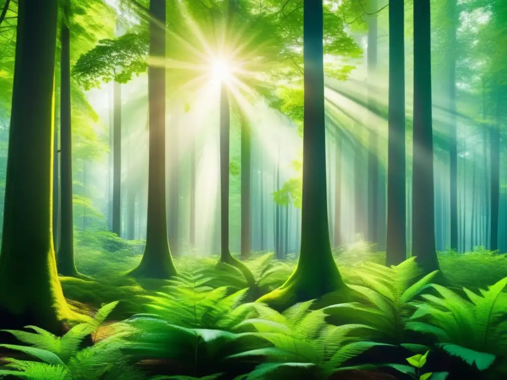 Bosque verde exuberante, árboles altos y vibrantes, luz solar filtrándose, inversión sostenible en medio ambiente
