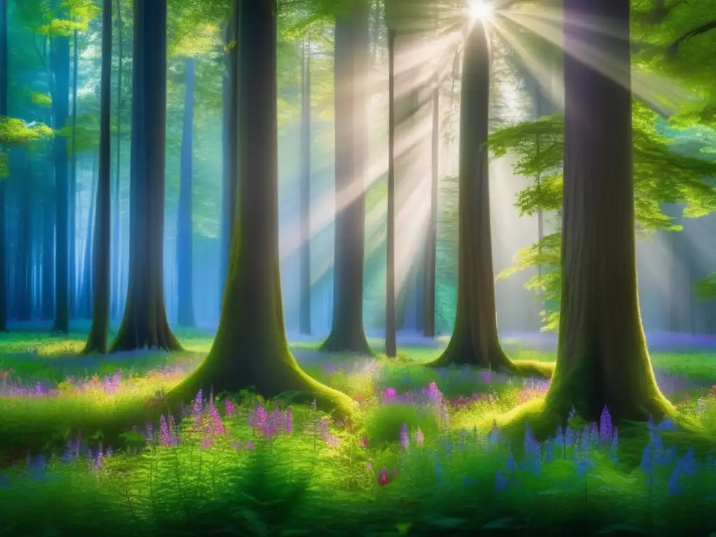 Bosque encantador: naturaleza y ESG Un bosque verde exuberante con árboles majestuosos y una luz que crea sombras y resalta la vibrante vegetación