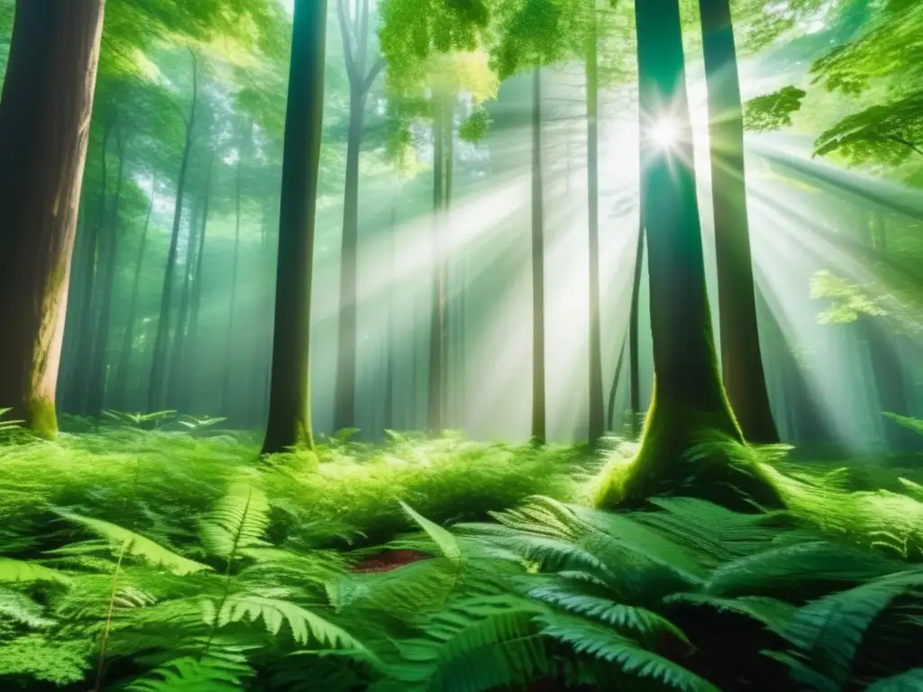 Bosque verde exuberante con árboles altos y luz solar filtrándose Bosque verde exuberante con árboles altos y luz solar filtrada, invita a explorar la belleza de la naturaleza y destaca los bonos verdes