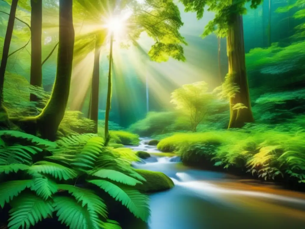 Bosque exuberante bañado por la luz del sol Bosque verde exuberante con árboles majestuosos y rayos de sol filtrándose entre las hojas