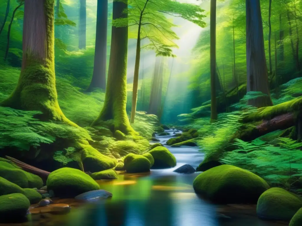 Bosque exuberante con árboles altos y vibrante vida Bosque verde exuberante, árboles altos y majestuosos, luz solar entre el dosel