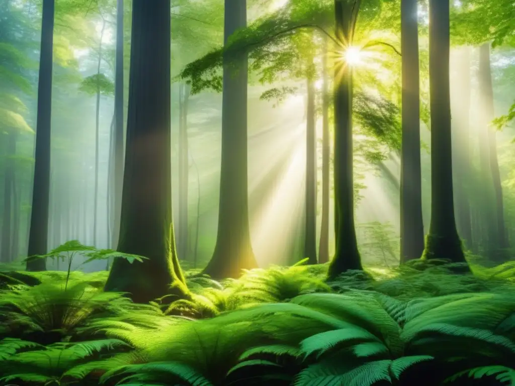 Bosque tropical vibrante y sostenible Bosque verde exuberante con árboles majestuosos y luz filtrada a través del dosel, reflejando inversión sostenible y naturaleza vibrante