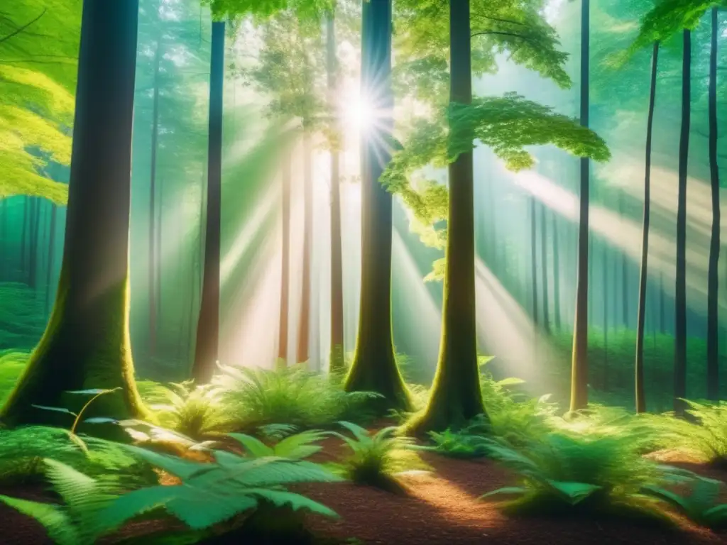 Bosque verde vibrante, luz y sombra Un bosque verde exuberante en 8k, con árboles altos y rayos de sol filtrándose entre las hojas