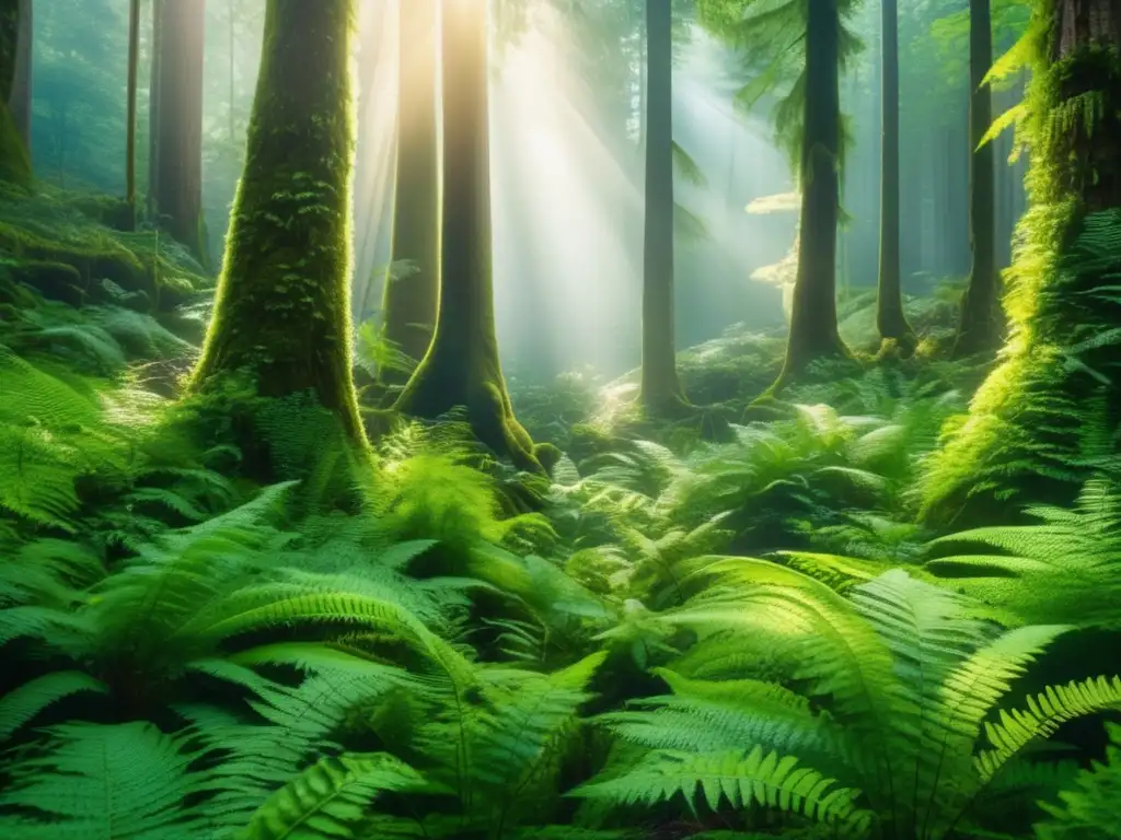 Bosque verde exuberante: belleza y armonía Un bosque verde exuberante en 8k, con luz suave y diversidad de plantas y un arroyo cristalino