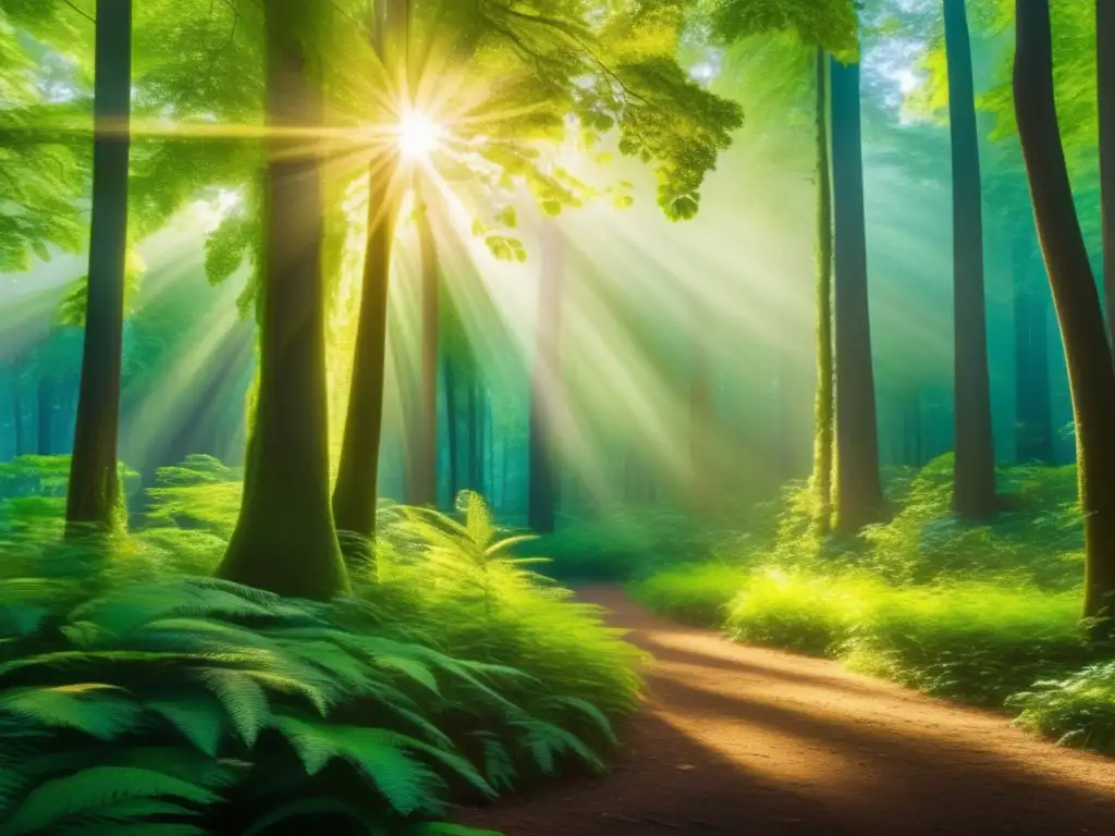 Bosque verde exuberante iluminado por el sol Bosque verde exuberante, luz dorada, sostenibilidad y cursos de inversión responsable