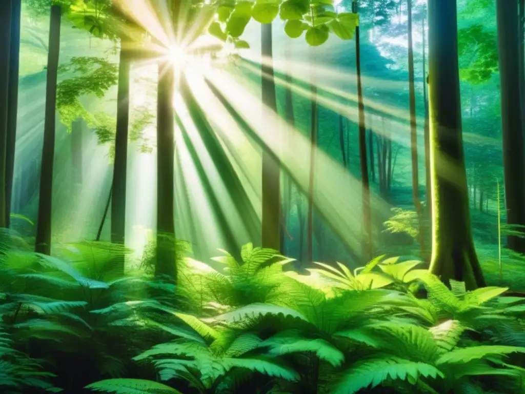 Bosque verde exuberante con luz solar filtrándose Bosque verde con luz solar filtrándose entre las copas de los árboles