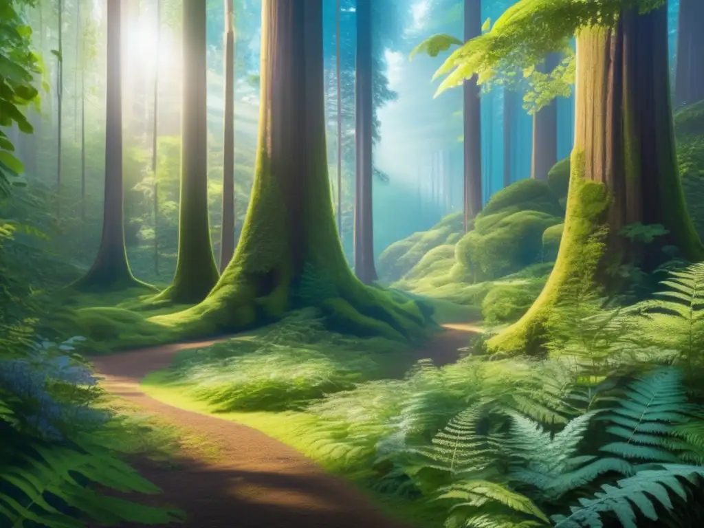 Bosque verde vibrante: sostenibilidad y decisiones financieras Bosque verde vibrante con árboles majestuosos y cielo azul claro