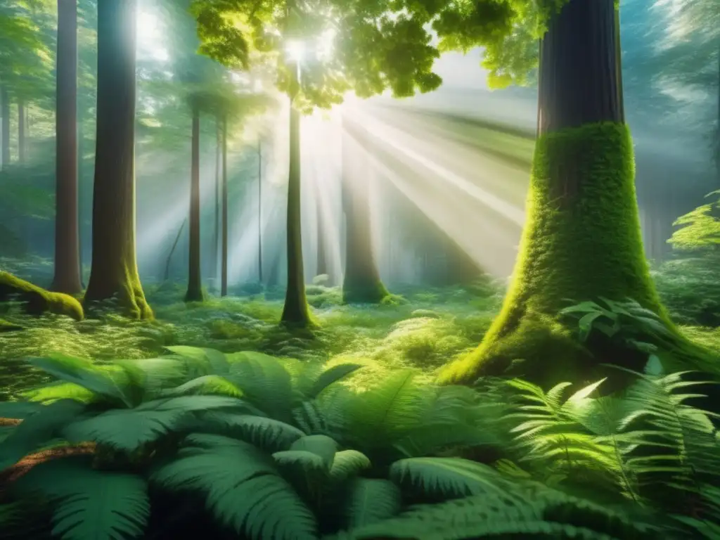 Bosque verde exuberante con árboles majestuosos Bosque verde y vibrante con árboles majestuosos y río sereno