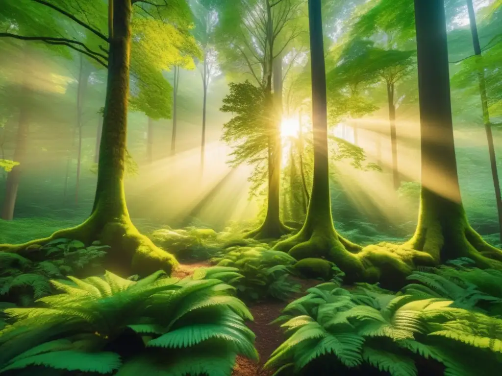 Forestal dorado al atardecer: belleza natural y tranquilidad Bosque verde y vibrante, beneficios de los bonos verdes