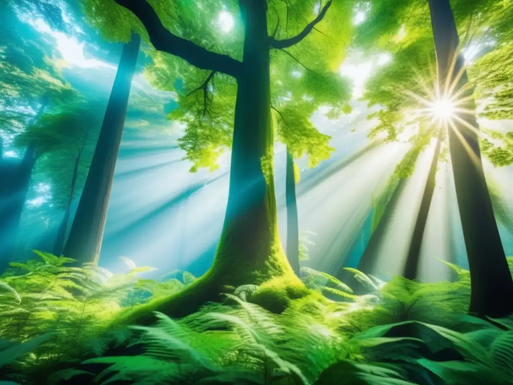 Bosque verde exuberante con luz solar filtrándose a través del dosel Bosque verde vibrante y biodiverso, ¡inversiones sostenibles 2023!