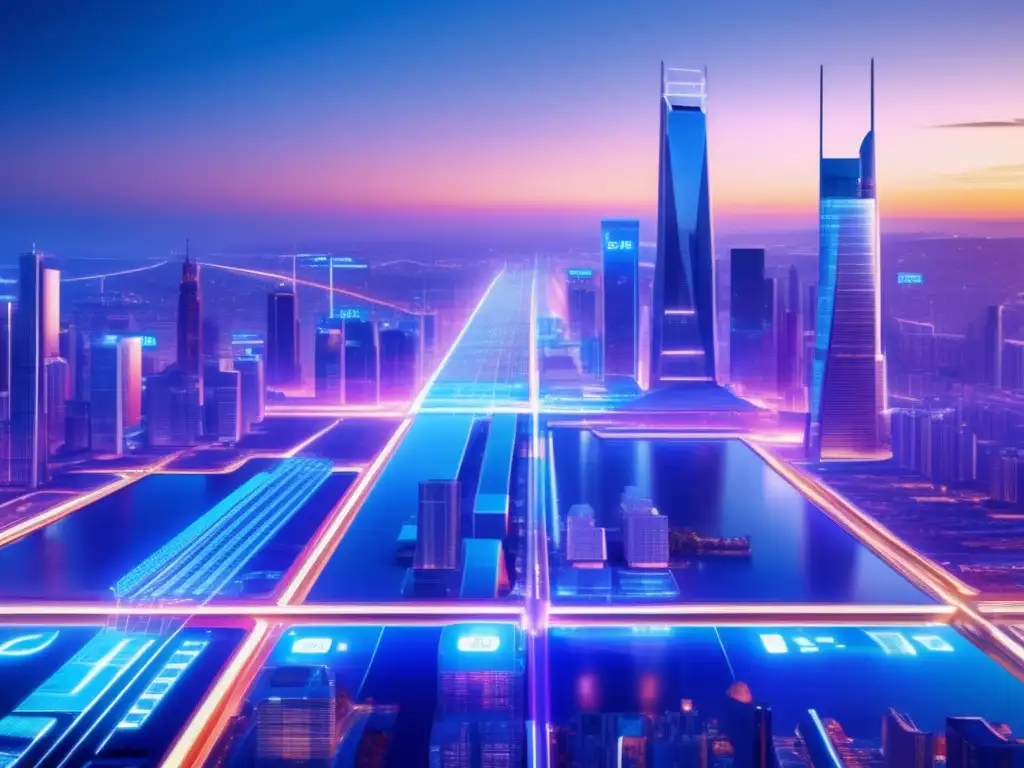 Futurista ciudad financiera con bots avanzados Bots y algoritmos de última generación en la financiera