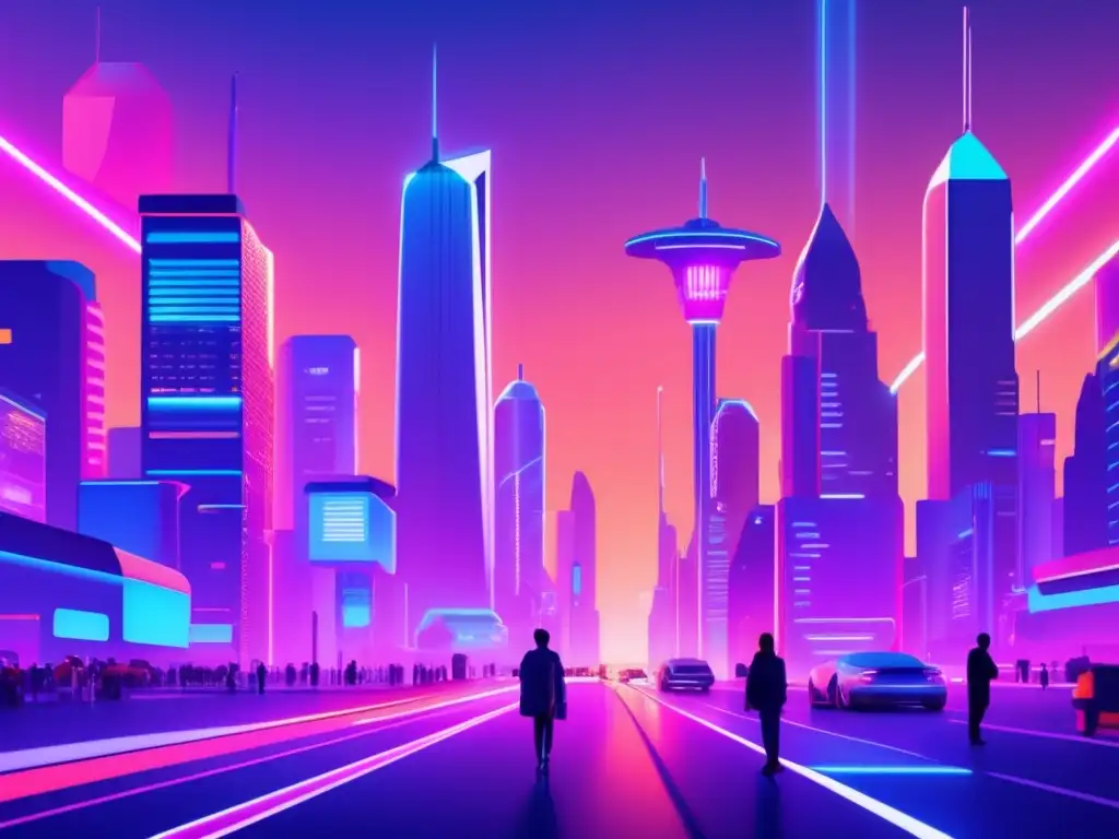 Futuro ciudad tecnológica con rascacielos iluminados Bots de inversión con big data en una ciudad futurista, con rascacielos iluminados por luces de neón