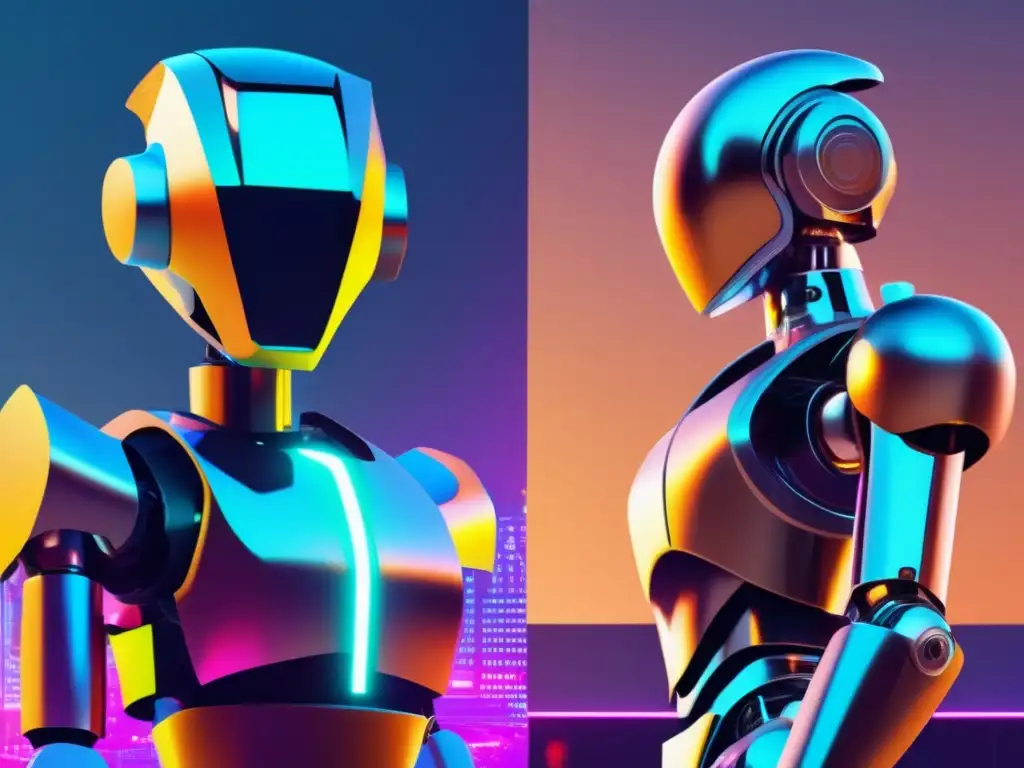 Elección entre robots e inversores humanos Bots de inversión gratuitos vs pagos: robot futurista junto a personas discutiendo inversiones