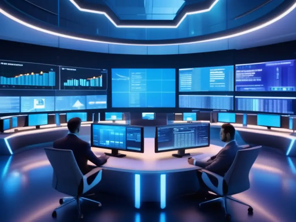 Futuro financiero con bots y datos Bots de inversión con big data en un mercado financiero futurista y tecnológico, lleno de traders analizando datos en tiempo real