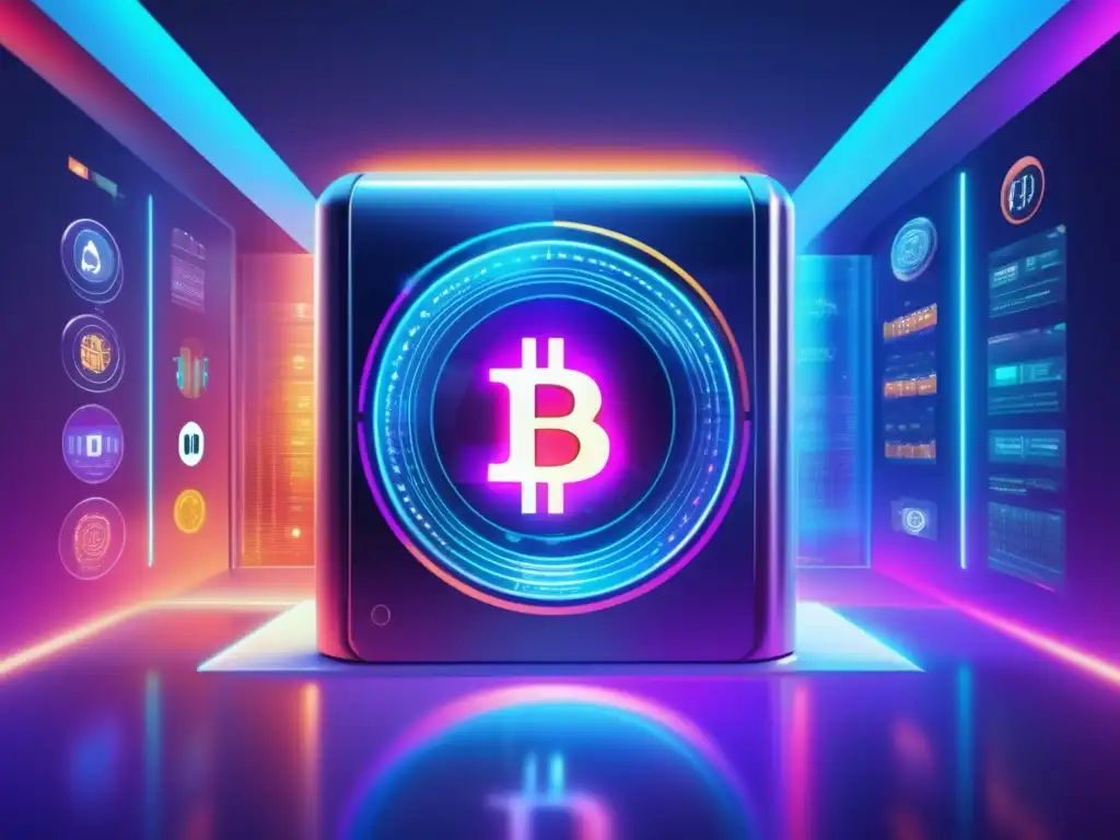 Futuro criptográfico en un moderno y seguro bóveda digital Bóveda digital futurista con criptomonedas variadas y seguridad avanzada