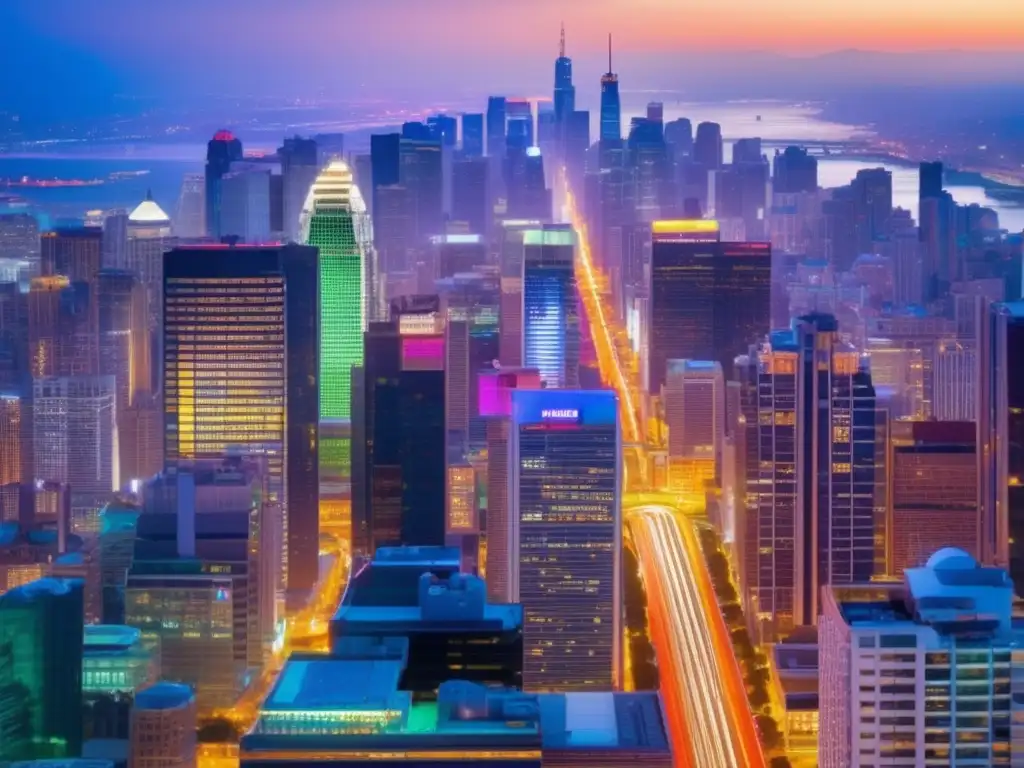 Ciudad moderna iluminada por luces vibrantes en la noche Burbuja inmobiliaria 2008: Imagen de rascacielos iluminados, reflejando el auge del mercado inmobiliario y oportunidades para inversionistas