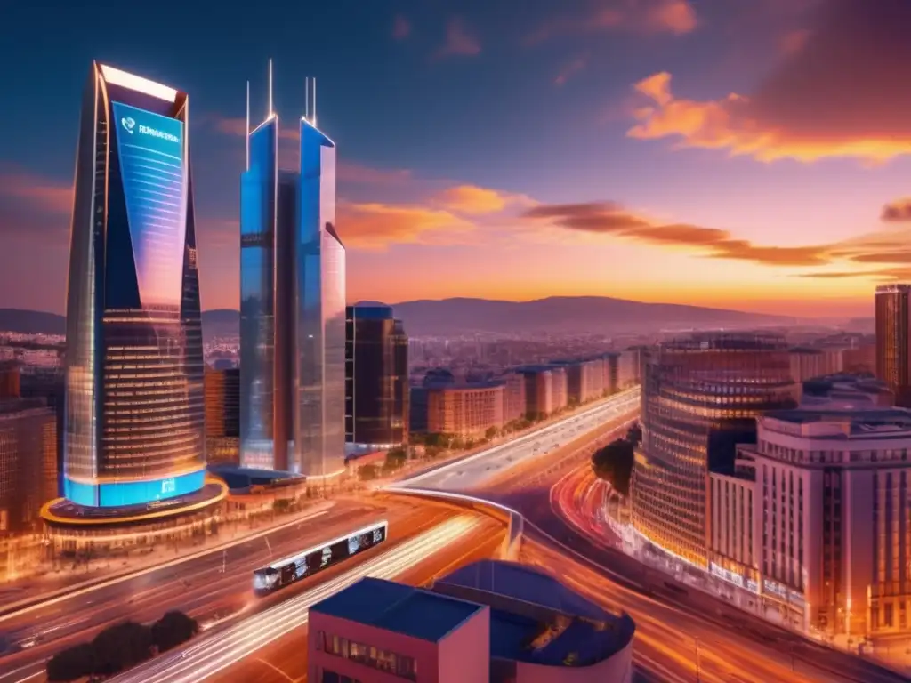 Distrito financiero español con rascacielos modernos Bustling financial district in Spain with modern skyscrapers, cryptocurrency symbols, and Fintech regulations