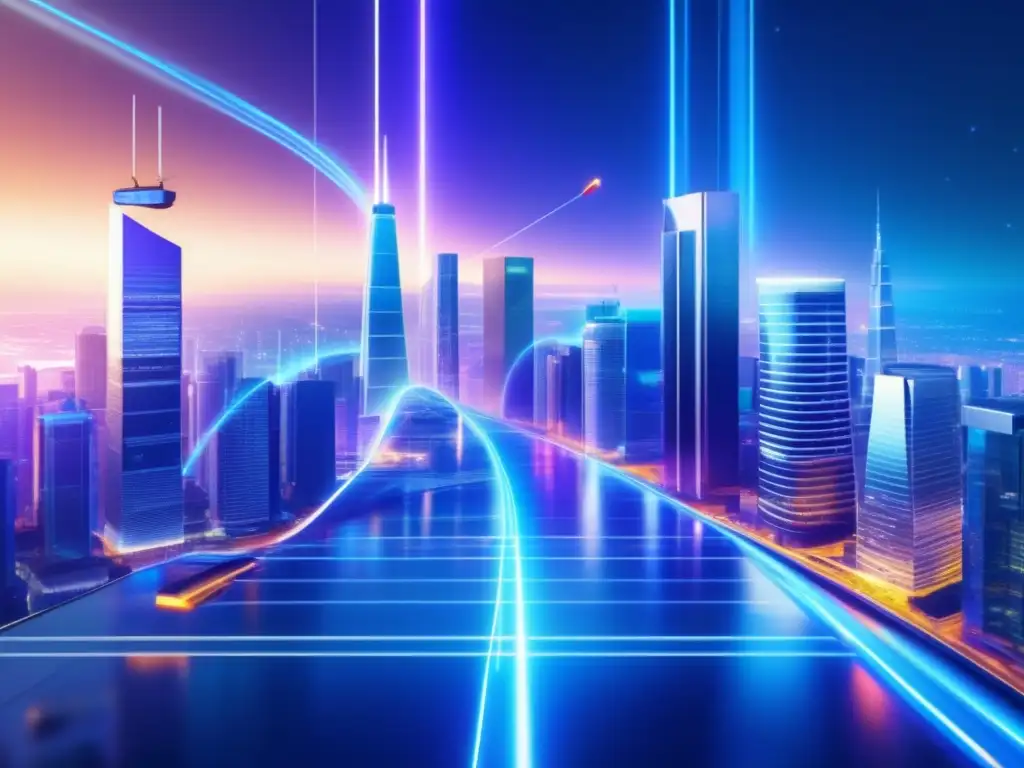 Interconexión global de noticias en los mercados Cadena de reacciones en mercados: Futurista ciudad con rascacielos sectoriales, datos fluyen entre edificios, estética moderna