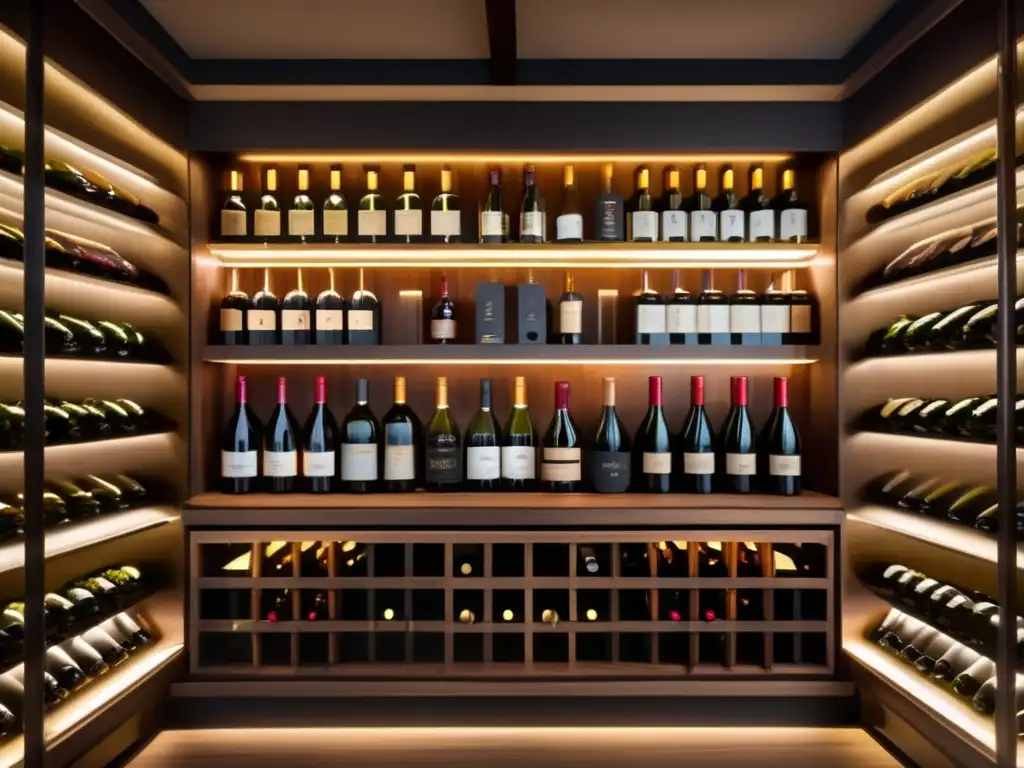 Vinoteca elegante y moderna con vinos organizados Cadena de valor del vino para invertir - Elegante bodega de vinos con botellas organizadas, iluminación cálida y estanterías de madera oscura