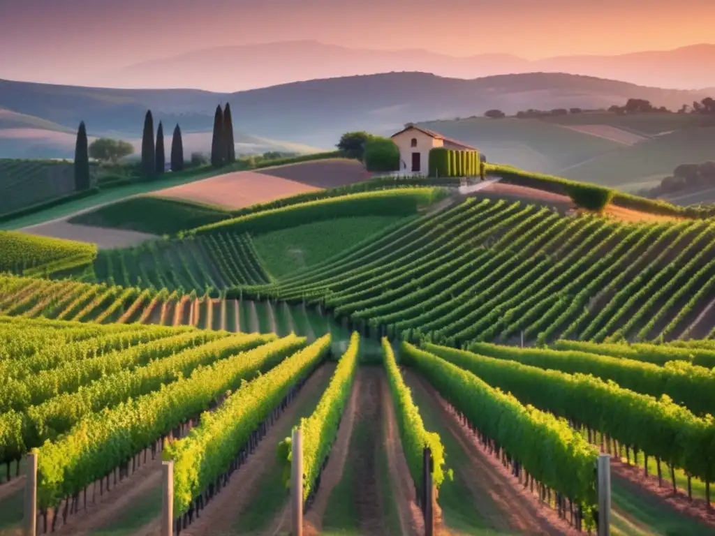 Paisaje de viñedo al atardecer Cadena de valor del vino: Viñedo pintoresco al atardecer, con colores cálidos y viñedos verdes, reflejando belleza y sofisticación