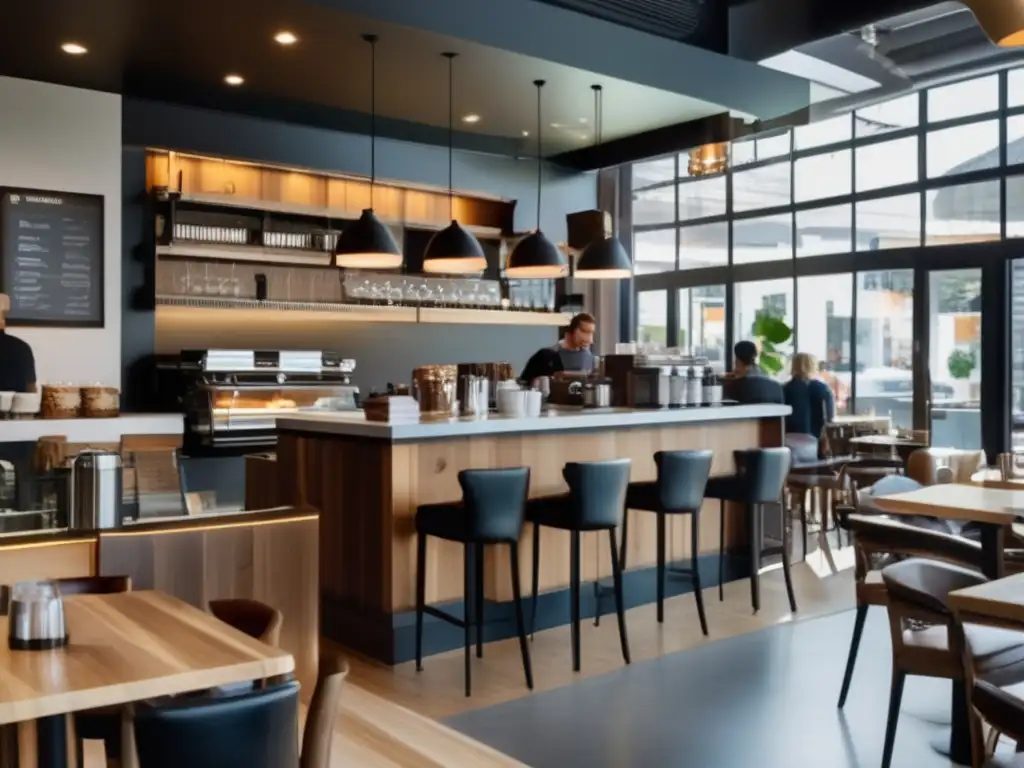 Café moderno con ambiente cálido y sofisticado Café moderno con diseño contemporáneo, baristas expertos y ambiente vibrante