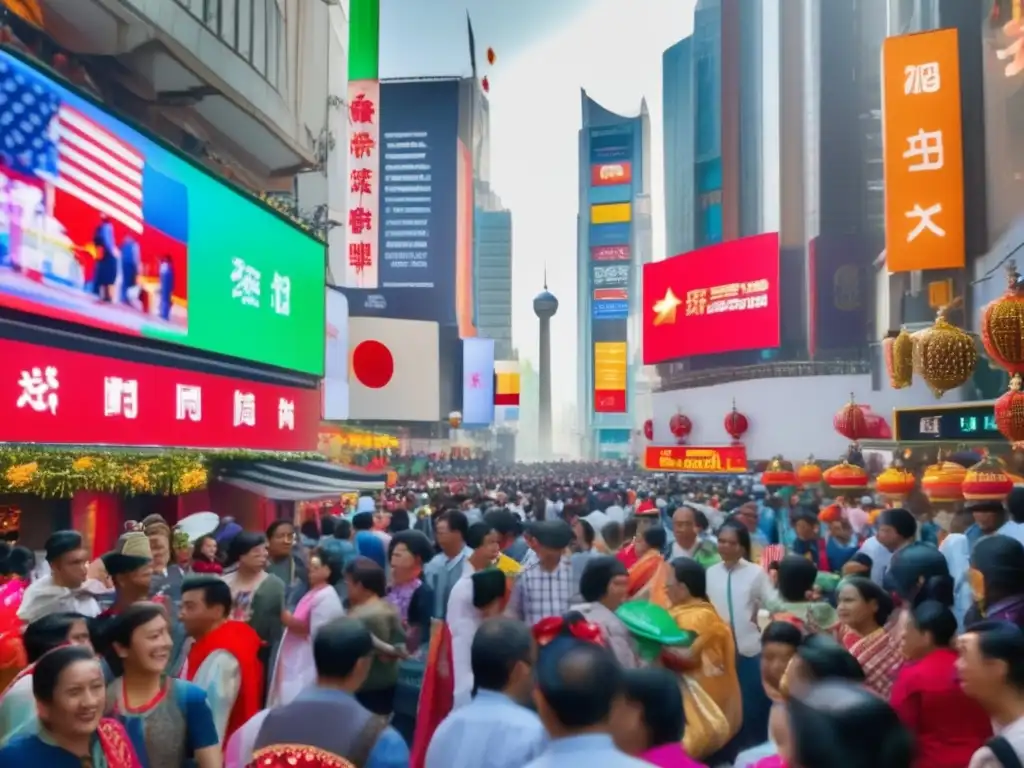 Ciudad festiva con decoraciones coloridas y mercado financiero Calle llena de vida y color durante festividades nacionales, con gente, decoraciones y pantalla de mercado (Festividades nacionales y mercado)