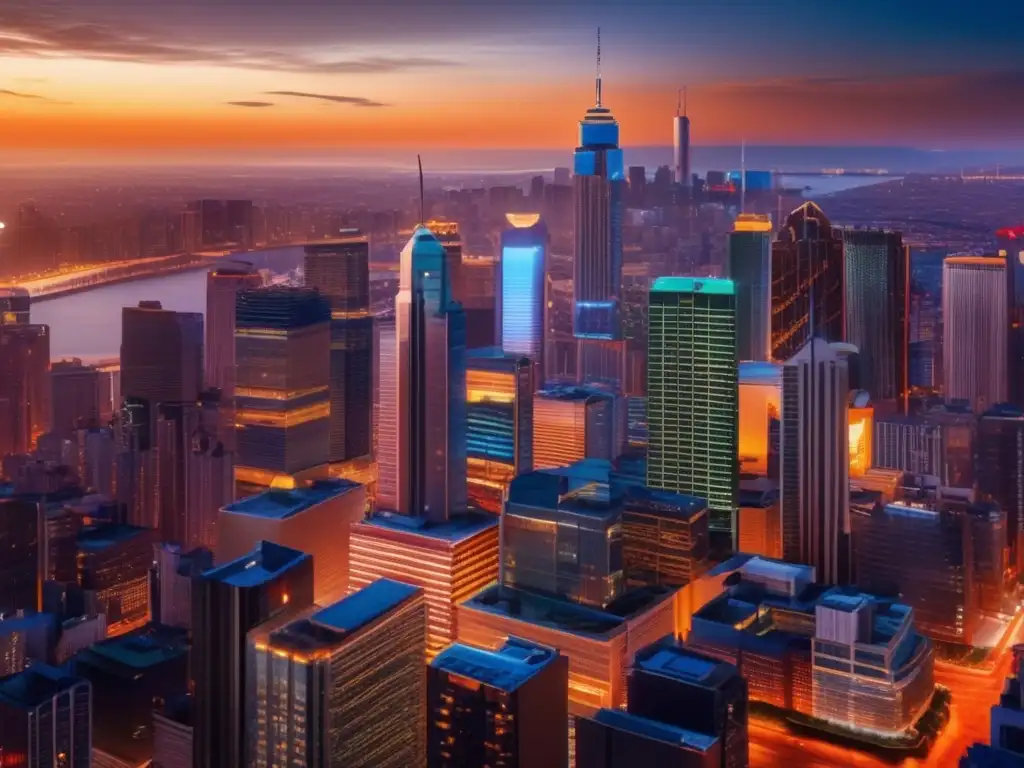 Ciudad moderna al atardecer Cambio de inversión pasiva a activa: Ciudad vibrante al atardecer, con rascacielos iluminados y energía urbana