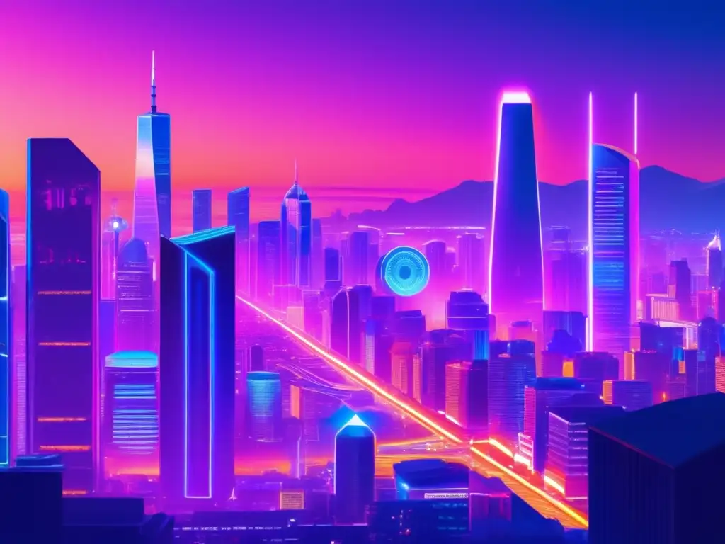 Ciudad futurista con criptomonedas Cambios en el anonimato de las criptomonedas en una ciudad futurista