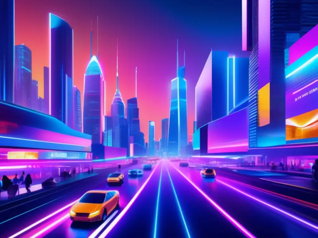 Ciudad futurista iluminada por luces neón Cambios en el anonimato de las criptomonedas: Ciudad futurista, tecnología, privacidad y misterio