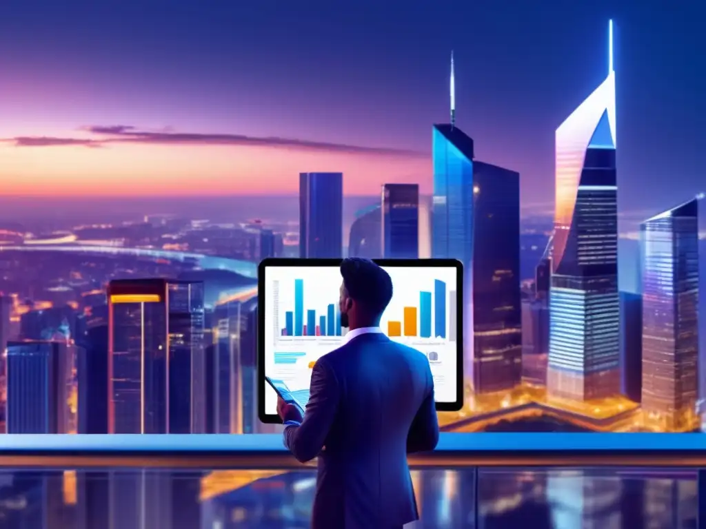 Ciudad moderna al atardecer con inversor confiado Cambios fiscal inversiones: ciudad moderna al anochecer, inversor confiado en terraza con gráficos financieros en tablet