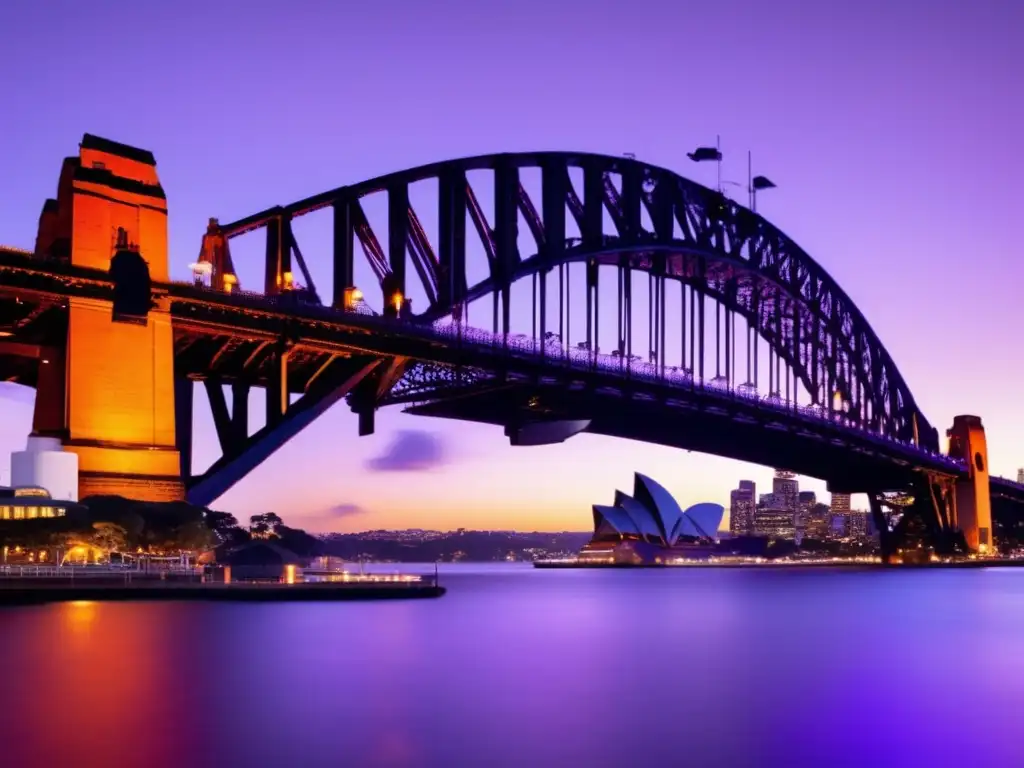 Símbolo de crecimiento en Sydney Cambios legales inversiones Australia - Sydney Harbour Bridge al atardecer, reflejando oportunidades y crecimiento